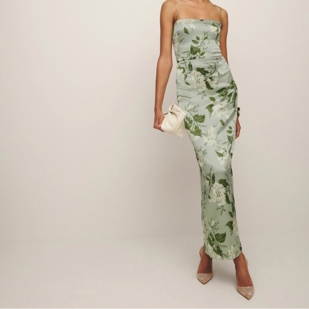 Reformation Green Floral Strapless Dress